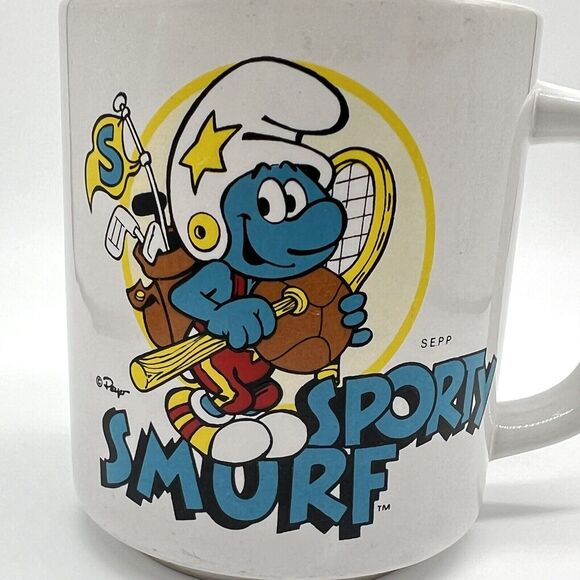 VTG Sporty Smurf Coffee Mug 1981 Wallace Berrie Peyo SEPP Gold Tennis Ceramic - Picture 3 of 11